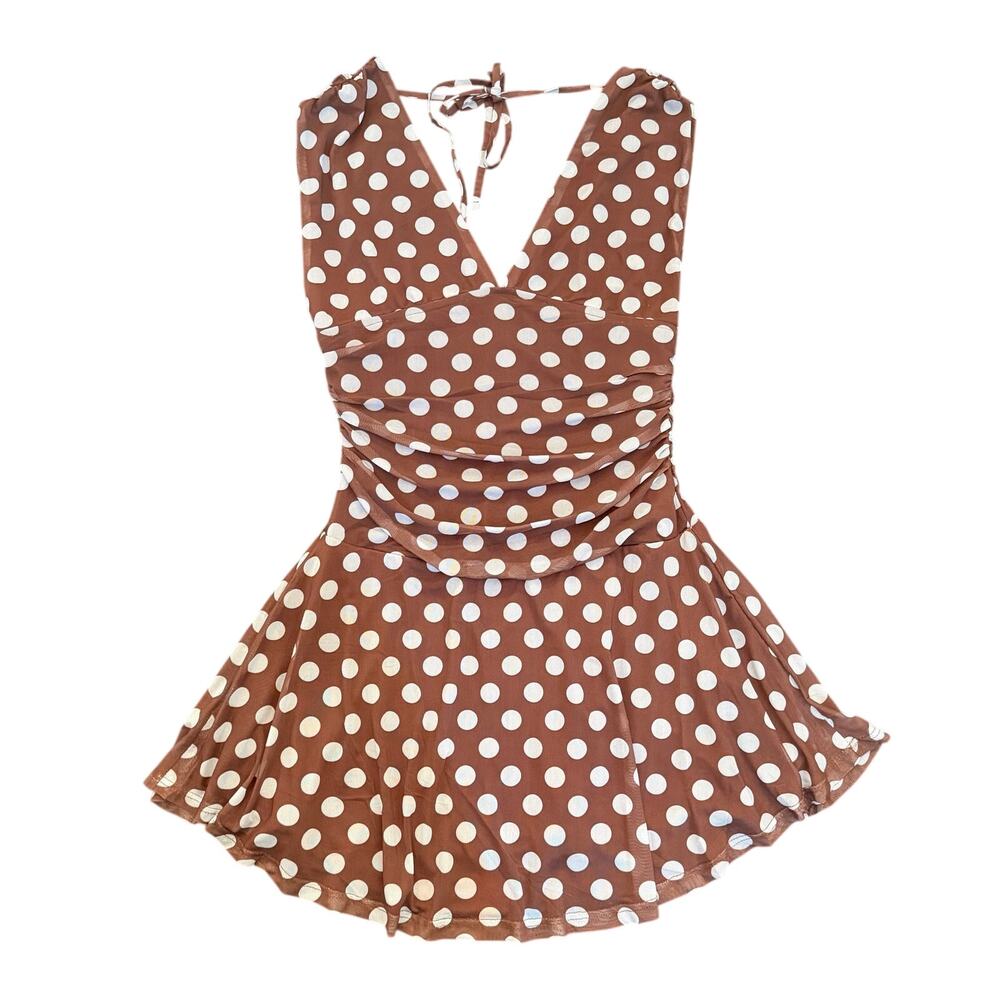 PERSAYA Brown White Polka Dot Halter Mini Dress Ruched Mesh Overlay L NWT